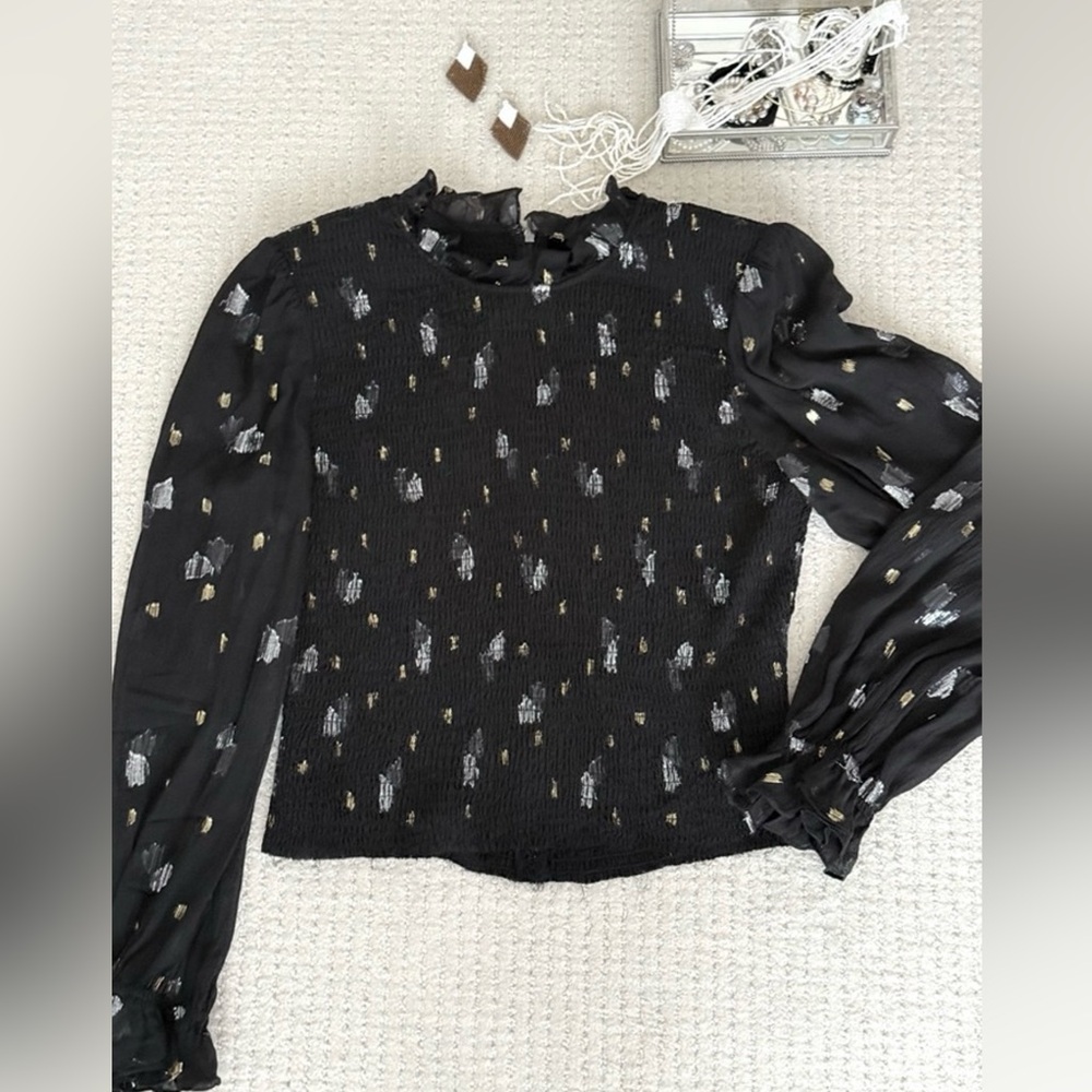 FINAL Rebecca Taylor Ruched Black Blouse with Gold and Silver Accents, size L